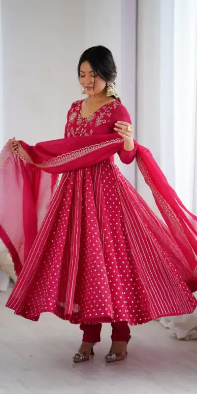 SRK 5293 Pink With Crunchy Silk With Fully Flair with Lace Work & Embroidery Work Anarkali Gown . Introductory Price ₹2149. Delivery 4-6 Worki | Gowns, Bollywood Gowns, Creative Gowns, Designer Gowns, Embroidered Gowns, Party Wear Gowns