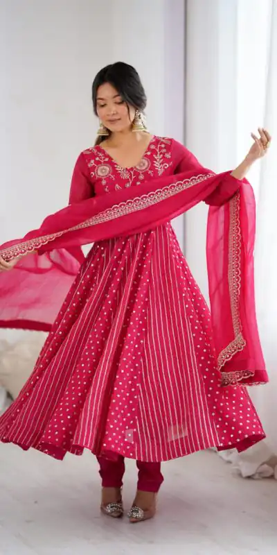 SRK 5293 Pink With Crunchy Silk With Fully Flair with Lace Work & Embroidery Work Anarkali Gown . Introductory Price ₹2149. Delivery 4-6 Worki | Gowns, Bollywood Gowns, Creative Gowns, Designer Gowns, Embroidered Gowns, Party Wear Gowns