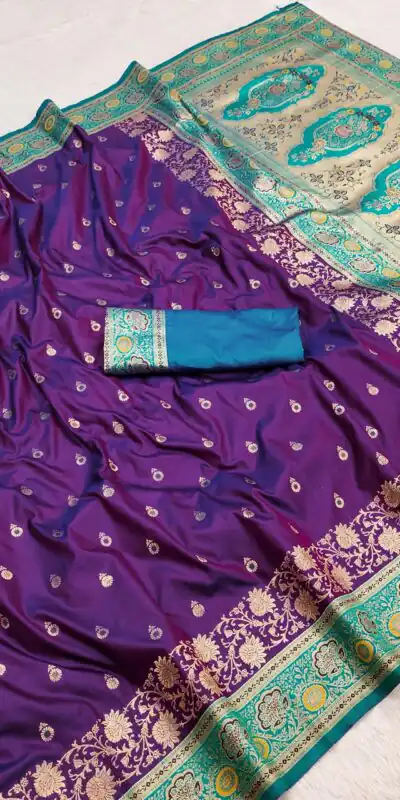 Purple Banarasi Silk Gold Zari Border Saree