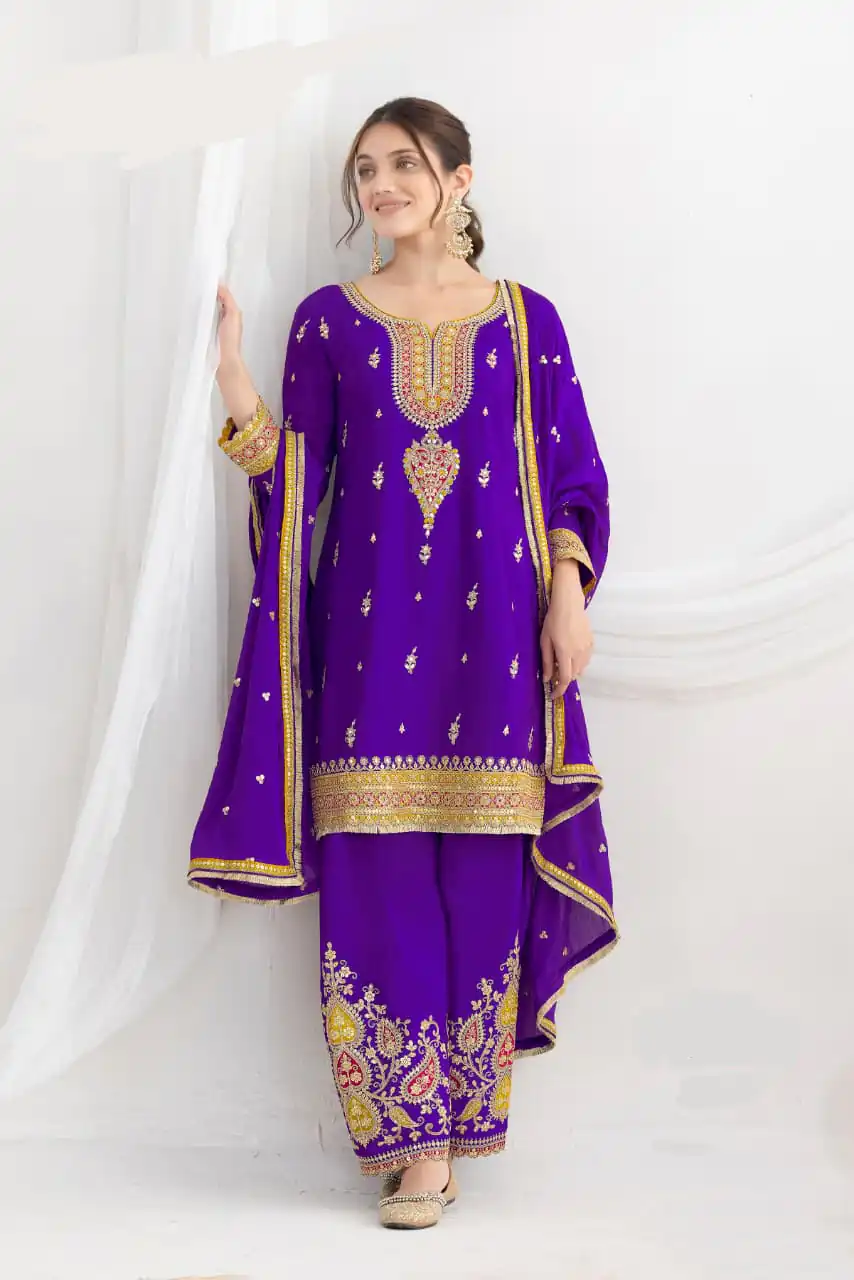 Purple Chinon Embroidery Mirror Work Salwar Suit