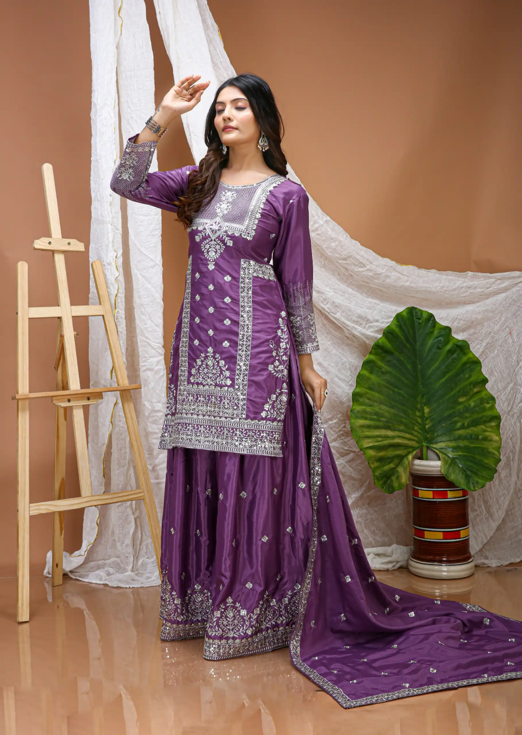 FE 127 Purple Natural Crep Salwar Suit Brown with Embroidery Work. Exclusive Offer ₹2449. Delivery 4-6 Working Days. Shop now. | Jump Suits, Salwar suit, Casual Suits, Creative suits, Designer Suits, Palazzo Suits, Party Wear Suits, Patiala Suits, Straight Suits