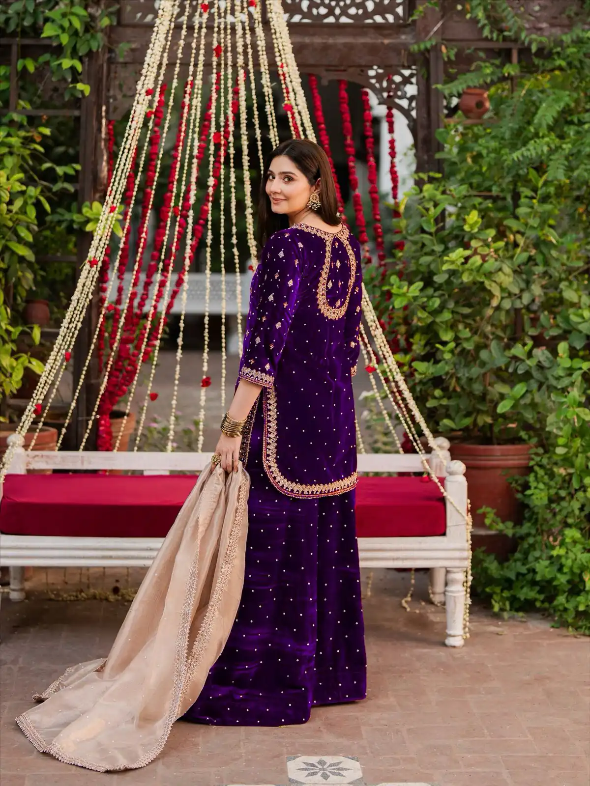 Purple Viscose Velvet Thread Sequence Work Salwar Suit - Image 2