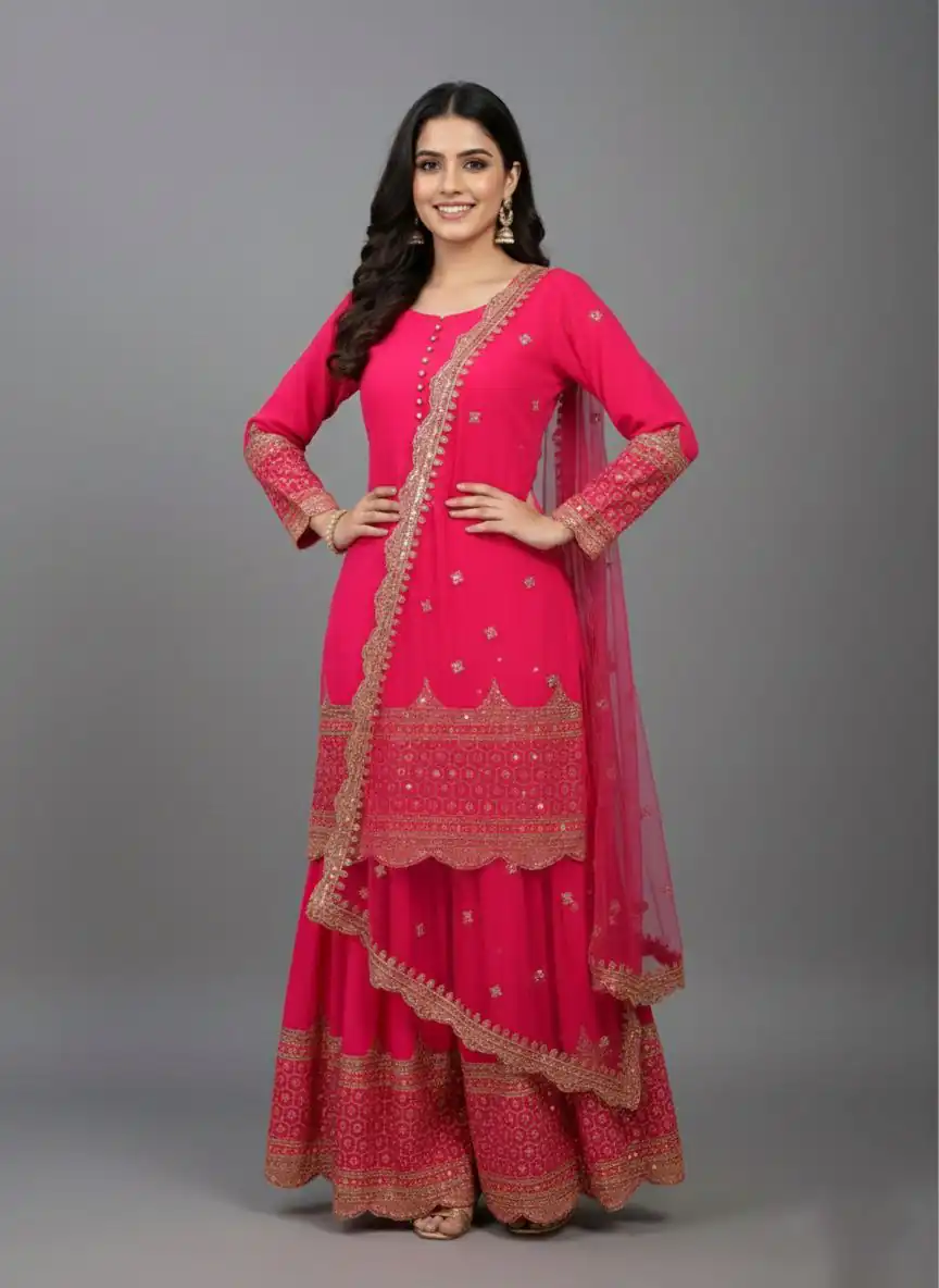 ZF 250 Rani Pink Color Faux Georgette Embroidery Sequence Work Sharara Suit Wedding, Party, Festive, Events Etc. Expected Delivery 4-6 Working Days @2099/- | Jump Suits, Salwar suit, Casual Suits, Creative suits, Designer Suits, Palazzo Suits, Party Wear Suits, Patiala Suits, Straight Suits