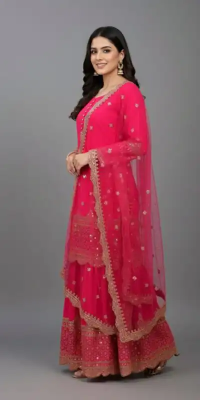 ZF 250 Rani Pink Color Faux Georgette Embroidery Sequence Work Sharara Suit Wedding, Party, Festive, Events Etc. Expected Delivery 4-6 Working Days @2099/- | Jump Suits, Salwar suit, Casual Suits, Creative suits, Designer Suits, Palazzo Suits, Party Wear Suits, Patiala Suits, Straight Suits