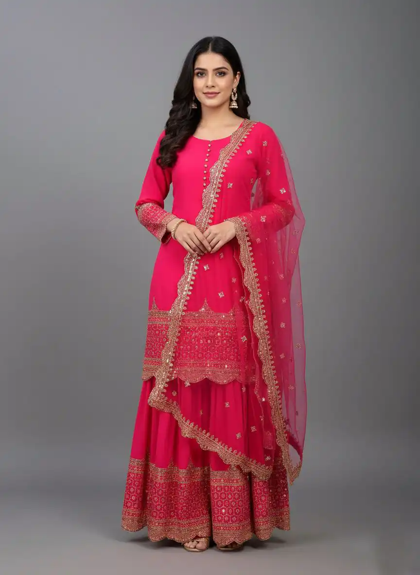 ZF 250 Rani Pink Color Faux Georgette Embroidery Sequence Work Sharara Suit Wedding, Party, Festive, Events Etc. Expected Delivery 4-6 Working Days @2099/- | Jump Suits, Salwar suit, Casual Suits, Creative suits, Designer Suits, Palazzo Suits, Party Wear Suits, Patiala Suits, Straight Suits