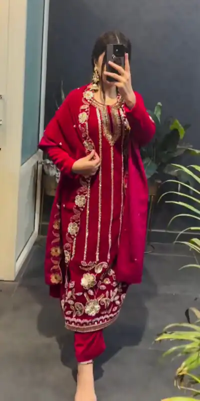 ST 1134 Red 9000 Velvet Salwar Suit with Lace Work & Embroidery Work. Available at ₹2099 only. Delivery 4-6 Working Days. Shop now. | Jump Suits, Salwar suit, Casual Suits, Creative suits, Designer Suits, Palazzo Suits, Party Wear Suits, Patiala Suits, Straight Suits