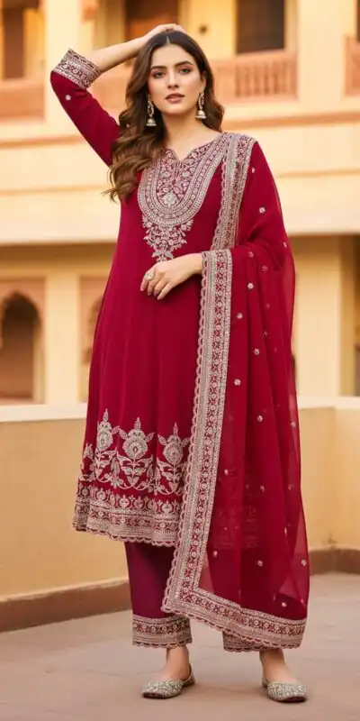 Red Georgette Sequences Lace Work Salwar Suit