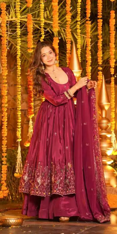 NF 1264 Red Natural Crap Silk Anarkali Suit with Embroidery Work. Available at ₹3049 only. Delivery 4-6 Working Days. Shop now. | Anarkali Suits, Bollywood Anarkali, Creative-Anarkali, Designer Anarkali, Embroidered Anarkali, Party Wear Anarkali