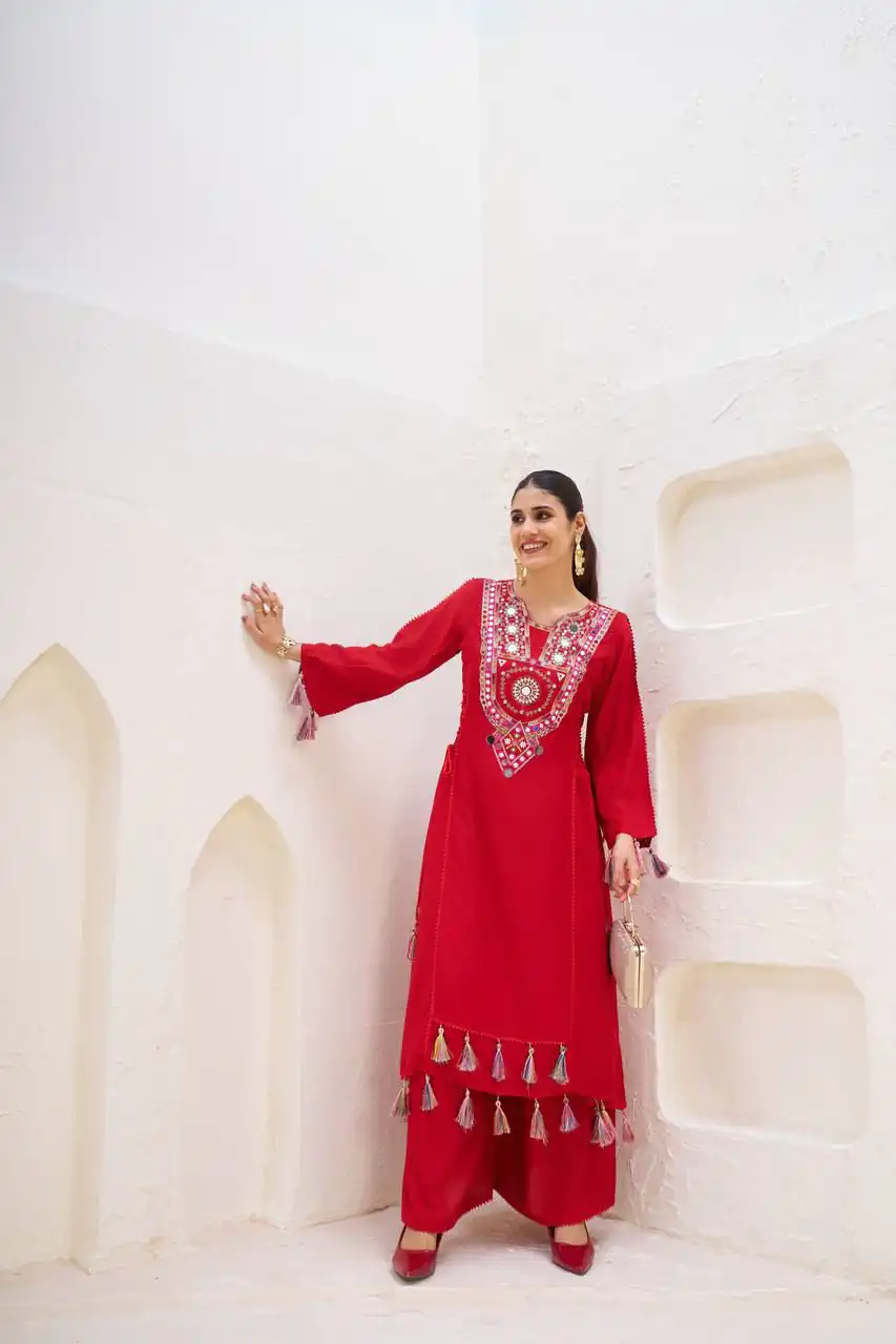 Red Rayon Cotton Embroidery Mirror Work Salwar Suit