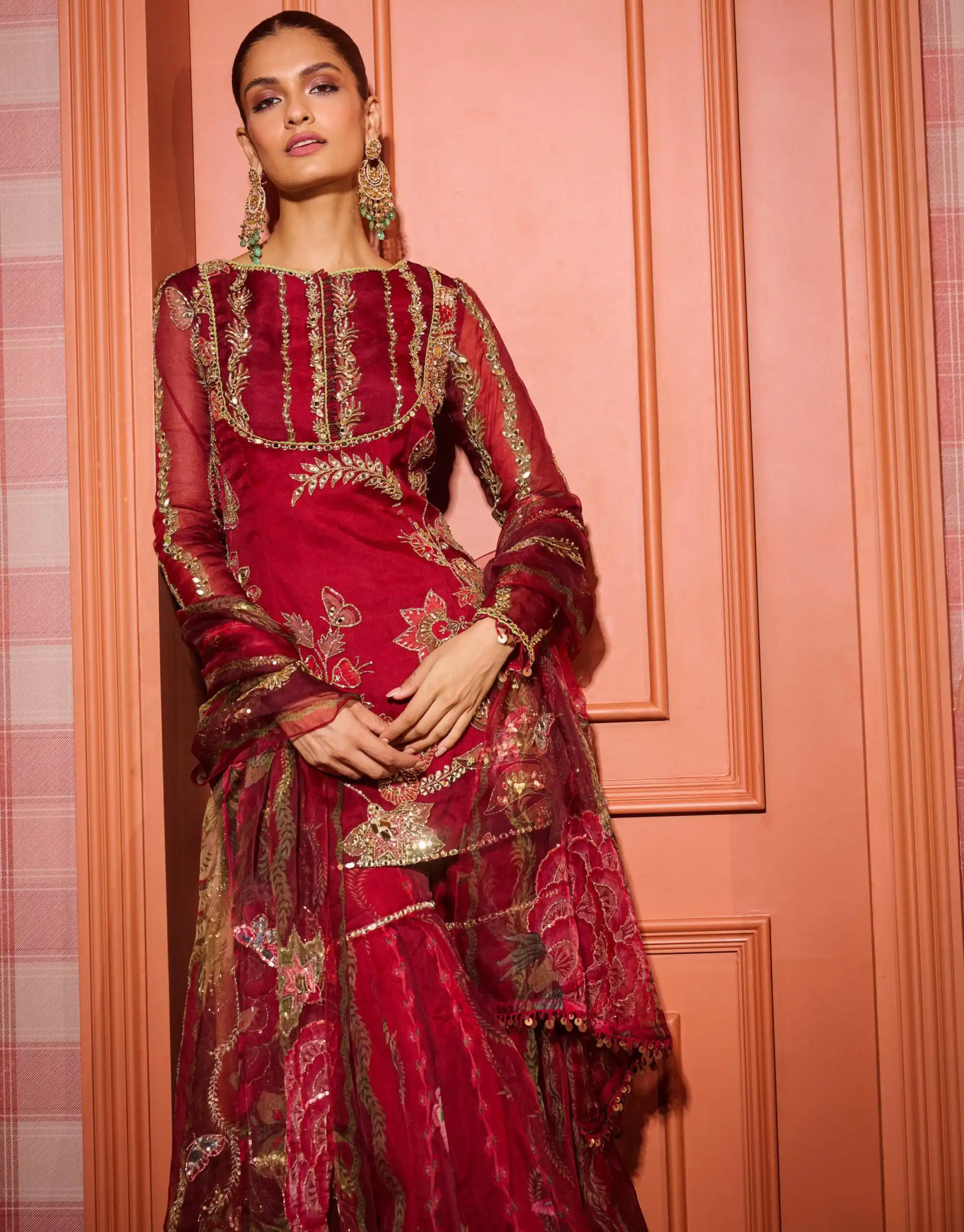 Red Soft Organza Embroidery Mirror Work Salwar Suit - Image 3