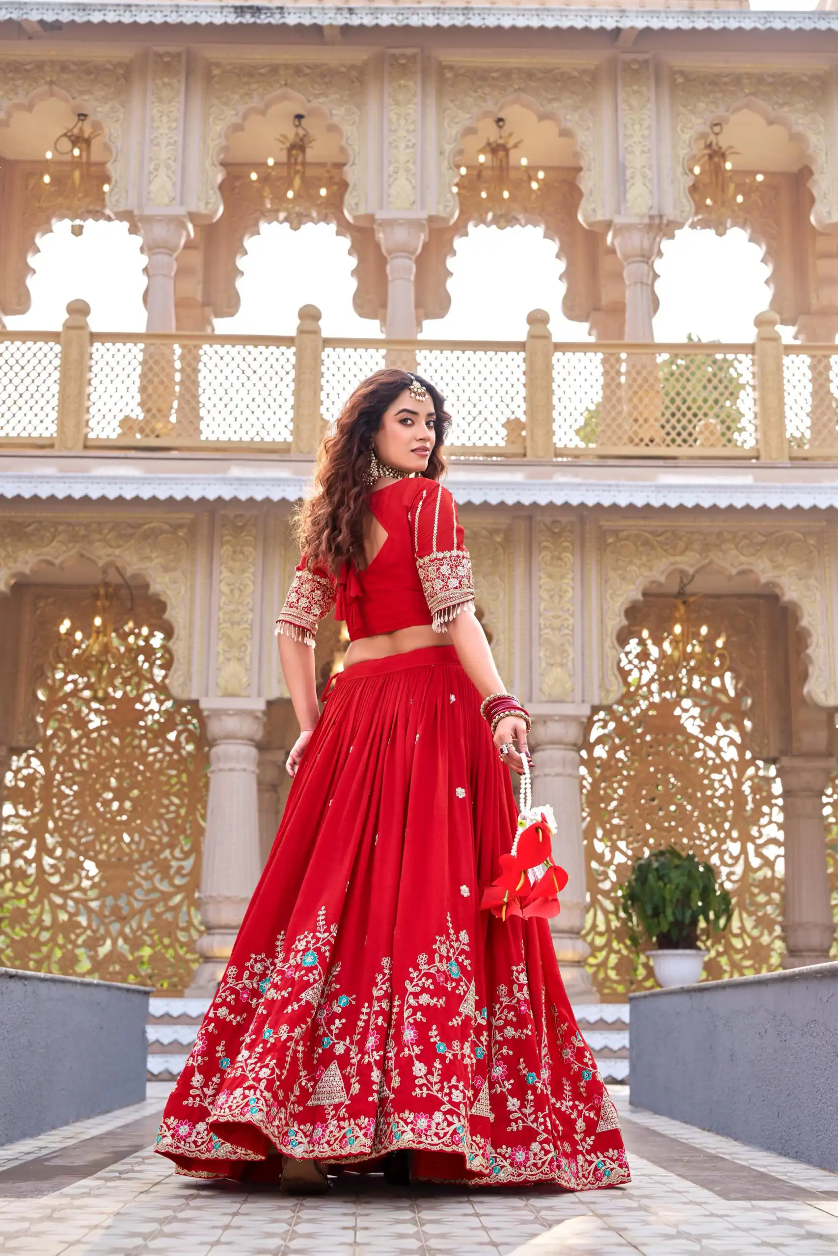 Red Vichitra Silk Thread Embroider Work Lehenga Choli - Image 4