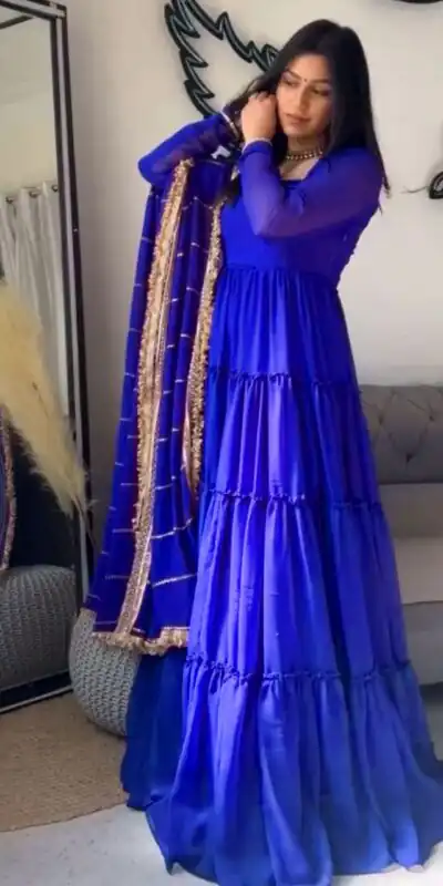 KD 1539 Royal Blue Faux Georgette Ruffle Style Gown. Wedding, Party, Festive, Events Grab it for ₹2099. Delivery 4-6 Working Days. Shop now. | Gowns, Bollywood Gowns, Creative Gowns, Designer Gowns, Embroidered Gowns, Party Wear Gowns