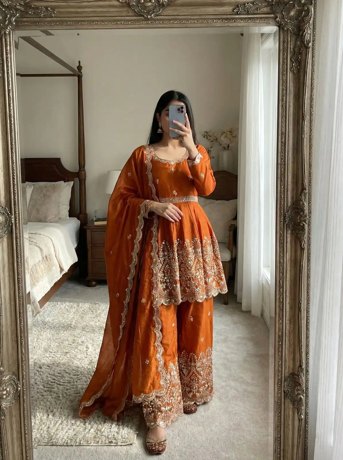 ZSR 3162 Rust Fendy Silk Salwar Suit with Mirror Work & Embroidery Work. Best Price ₹2149. Delivery 4-6 Working Days. Shop now. | Jump Suits, Salwar suit, Casual Suits, Creative suits, Designer Suits, Palazzo Suits, Party Wear Suits, Patiala Suits, Straight Suits