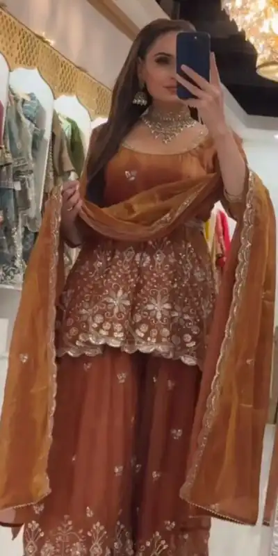 ZSR 3162 Rust Fendy Silk Salwar Suit with Mirror Work & Embroidery Work. Best Price ₹2149. Delivery 4-6 Working Days. Shop now. | Jump Suits, Salwar suit, Casual Suits, Creative suits, Designer Suits, Palazzo Suits, Party Wear Suits, Patiala Suits, Straight Suits