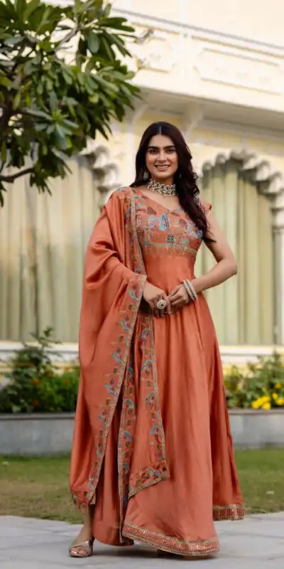RR 39 Rust Vichitra Silk Gown Perfect for Wedding, Party, Holi, Anniversary, Mehendi –. Grab it for ₹2149. Delivery 4-6 Working Days. Shop now. | Gowns, Bollywood Gowns, Creative Gowns, Designer Gowns, Embroidered Gowns, Party Wear Gowns