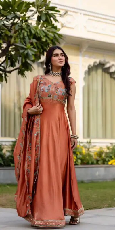 RR 39 Rust Vichitra Silk Gown Perfect for Wedding, Party, Holi, Anniversary, Mehendi –. Grab it for ₹2149. Delivery 4-6 Working Days. Shop now. | Gowns, Bollywood Gowns, Creative Gowns, Designer Gowns, Embroidered Gowns, Party Wear Gowns
