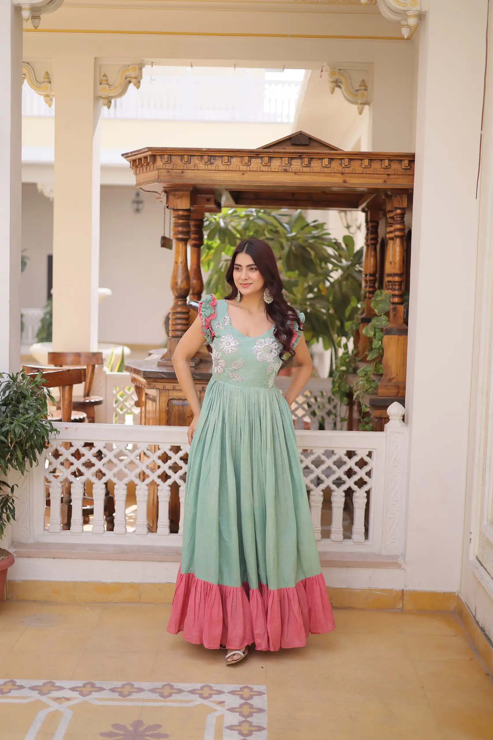 KA 1234 Sea Green Color Cotton Gown with Sequins Work & Embroidery Work. Festive Deal ₹1819. Delivery 4-6 Working Days. Shop now. | Gowns, Bollywood Gowns, Creative Gowns, Designer Gowns, Embroidered Gowns, Party Wear Gowns