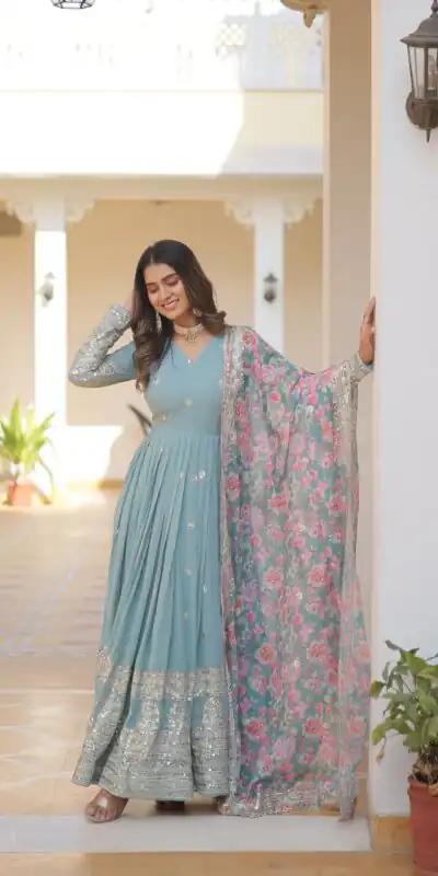 KA 1078 Sky Blue Faux Georgette Gown Perfect for Wedding, Party, Makar Sankranti, Karwa Chauth, Ethnic Day – . Now at just ₹3349. Delivery 4-6 Working D | Gowns, Bollywood Gowns, Creative Gowns, Designer Gowns, Embroidered Gowns, Party Wear Gowns
