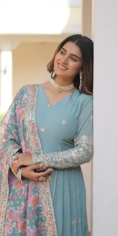 KA 1078 Sky Blue Faux Georgette Gown Perfect for Wedding, Party, Makar Sankranti, Karwa Chauth, Ethnic Day – . Now at just ₹3349. Delivery 4-6 Working D | Gowns, Bollywood Gowns, Creative Gowns, Designer Gowns, Embroidered Gowns, Party Wear Gowns