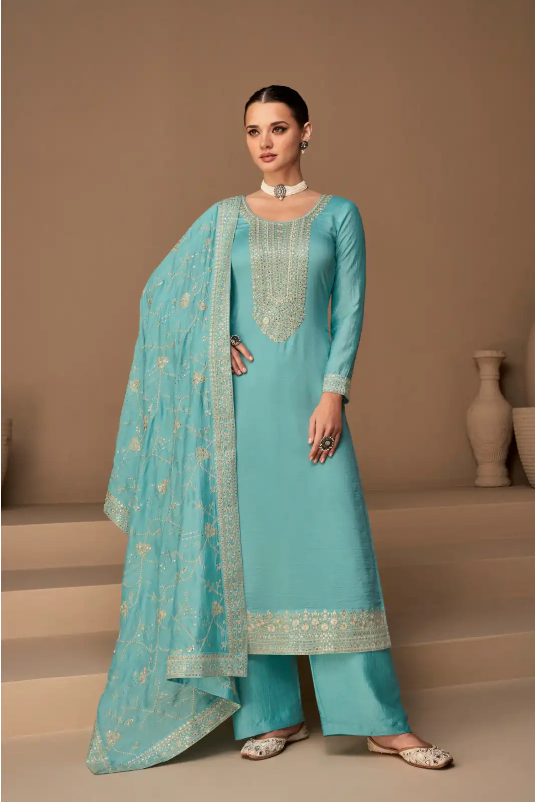 Sky Blue Vichitra Embroidery Stone Work Salwar Suit