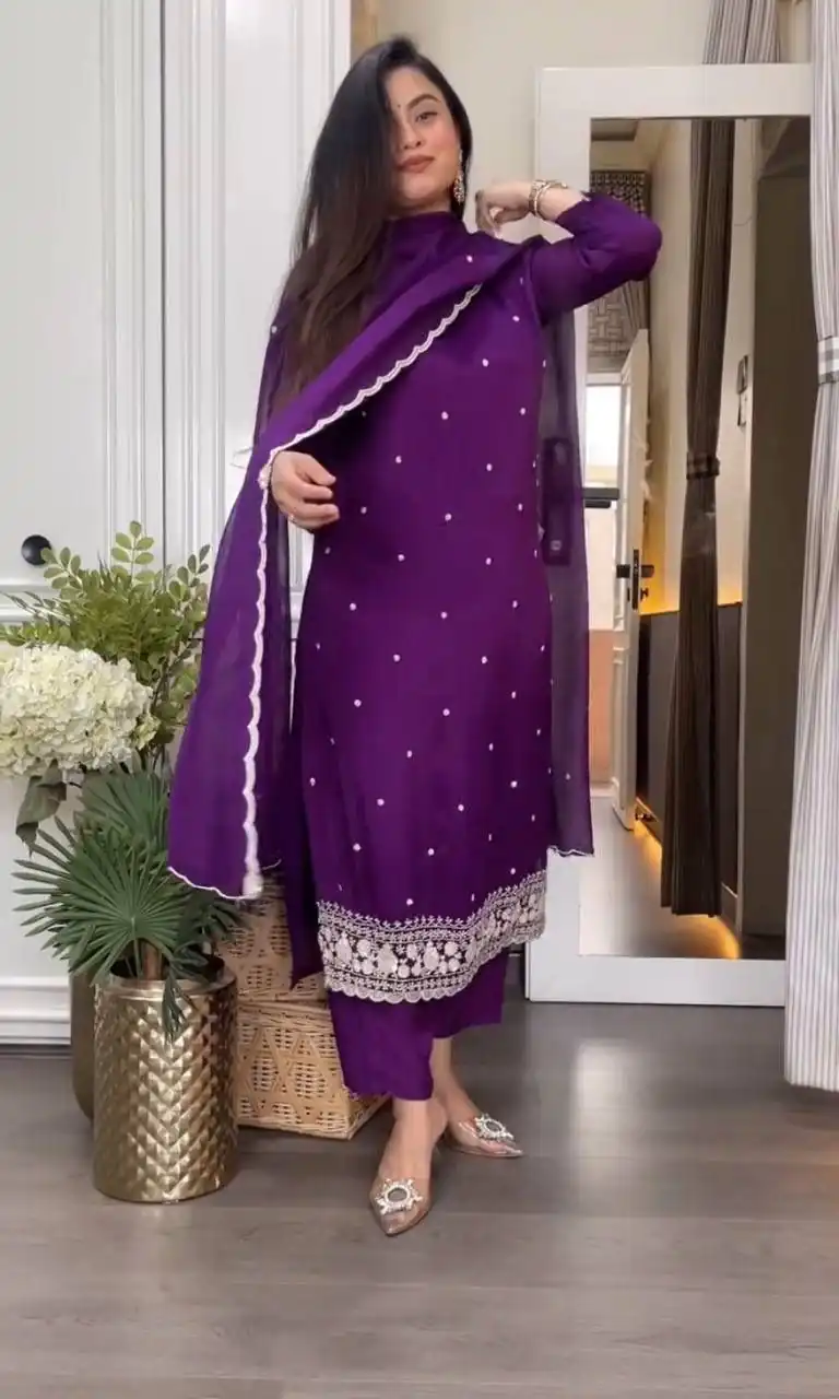 DC 98 Purple Color Chinon Silk Sawlar Suit with Embroidery Work. Exclusive Offer ₹1799. Delivery 4-6 Working Days. Shop now. | Jump Suits, Salwar suit, Casual Suits, Creative suits, Designer Suits, Palazzo Suits, Party Wear Suits, Patiala Suits, Straight Suits