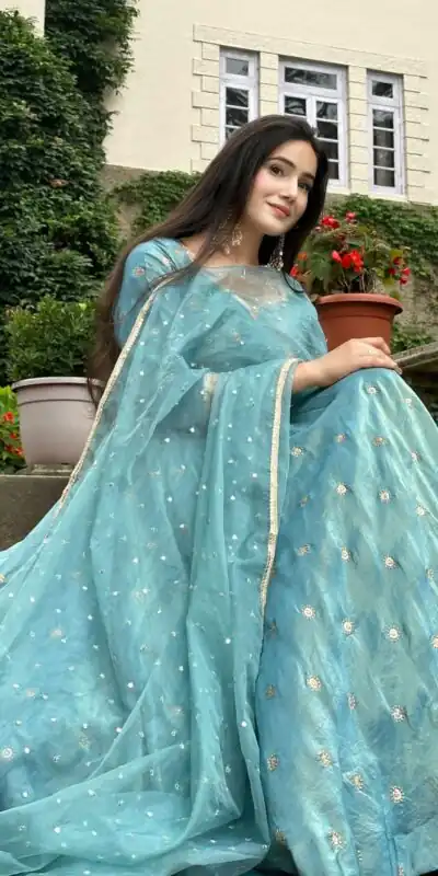 SSR 524 Sky Blue Color Vichitra silk Gown with Bead Work & Lace Work. Now at just ₹1999. Delivery 4-6 Working Days. Shop now. | Gowns, Bollywood Gowns, Creative Gowns, Designer Gowns, Embroidered Gowns, Party Wear Gowns