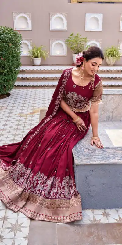 Ram 163 Maroon in Color Vichitra Silk Embroidery Work Lehenga Choli . Now at just ₹3049. Delivery 4-6 Working Days. Shop now. | Lehenga, Bollywood Lehenga, Creative Lehenga, Designer Lehenga, Embroidered Lehenga, Party Wear Lehenga