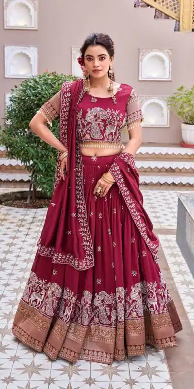 Ram 163 Maroon in Color Vichitra Silk Embroidery Work Lehenga Choli . Now at just ₹3049. Delivery 4-6 Working Days. Shop now. | Lehenga, Bollywood Lehenga, Creative Lehenga, Designer Lehenga, Embroidered Lehenga, Party Wear Lehenga