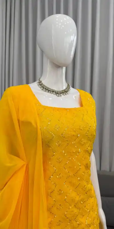 KD 1543 Yellow Faux Georgette Salwar Suit with Designer Work. Introductory Price ₹1949. Delivery 4-6 Working Days. Shop now. | Jump Suits, Salwar suit, Casual Suits, Creative suits, Designer Suits, Palazzo Suits, Party Wear Suits, Patiala Suits, Straight Suits
