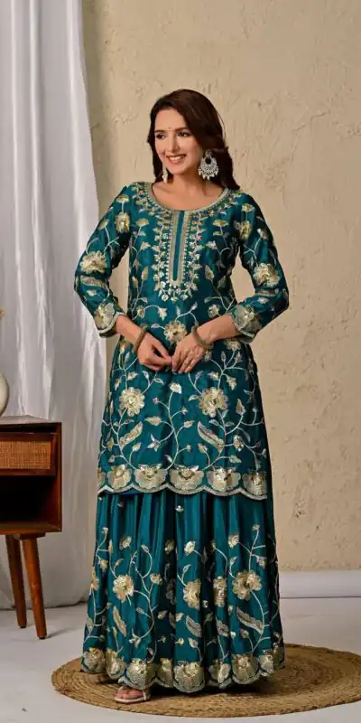 MD 3057 Teal Chinon Silk Salwar Suit with Embroidery Work & Lace Work. Affordable Price ₹2149. Delivery 4-6 Working Days. Shop now. | Jump Suits, Salwar suit, Casual Suits, Creative suits, Designer Suits, Palazzo Suits, Party Wear Suits, Patiala Suits, Straight Suits