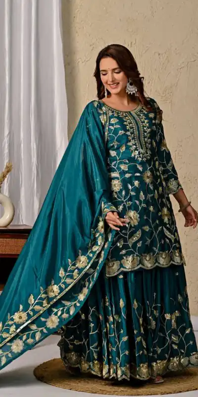 MD 3057 Teal Chinon Silk Salwar Suit with Embroidery Work & Lace Work. Affordable Price ₹2149. Delivery 4-6 Working Days. Shop now. | Jump Suits, Salwar suit, Casual Suits, Creative suits, Designer Suits, Palazzo Suits, Party Wear Suits, Patiala Suits, Straight Suits