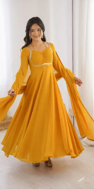 KB 291 Yellow Color Fox Blooming Georgette Gown with Lace Work. Affordable Price ₹1899. Delivery 4-6 Working Days. Shop now. | Gowns, Bollywood Gowns, Creative Gowns, Designer Gowns, Embroidered Gowns, Party Wear Gowns