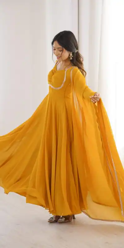 KB 291 Yellow Color Fox Blooming Georgette Gown with Lace Work. Affordable Price ₹1899. Delivery 4-6 Working Days. Shop now. | Gowns, Bollywood Gowns, Creative Gowns, Designer Gowns, Embroidered Gowns, Party Wear Gowns