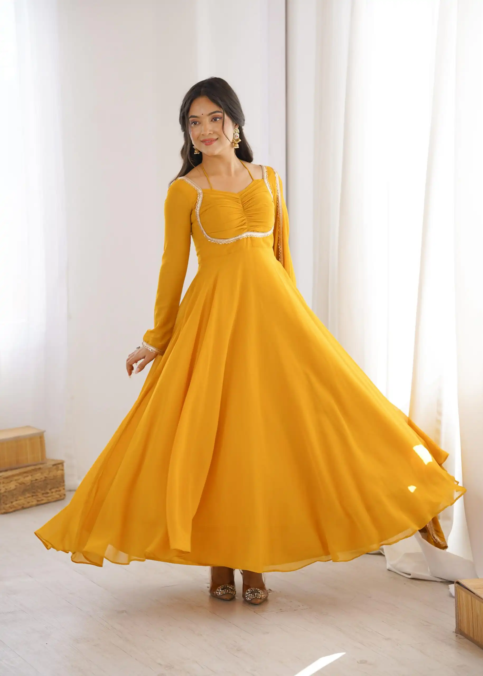 KB 291 Yellow Color Fox Blooming Georgette Gown with Lace Work. Affordable Price ₹1899. Delivery 4-6 Working Days. Shop now. | Gowns, Bollywood Gowns, Creative Gowns, Designer Gowns, Embroidered Gowns, Party Wear Gowns