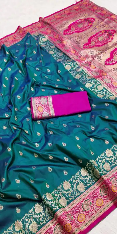 Teal Banarasi Silk Gold Zari Border Saree