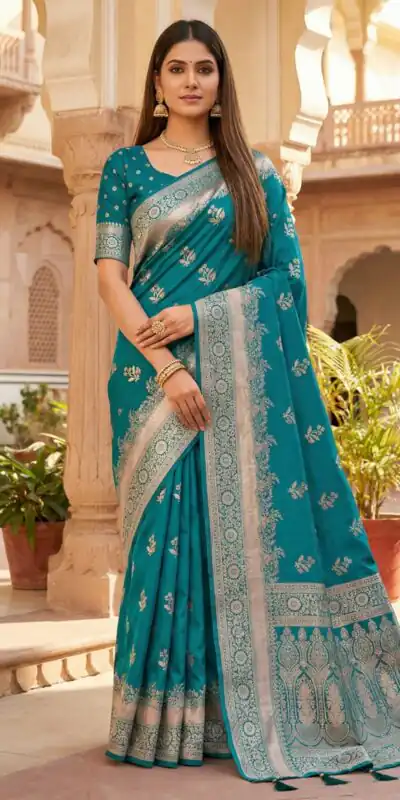 Teal Banarasi Zari Lace Work Saree
