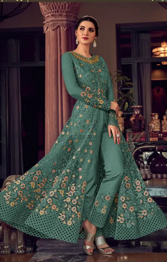 Teal Banglory Silk Embroidery Stone Work Salwar Suit - Image 2