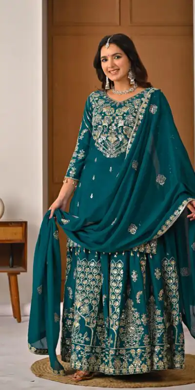 NF 1245 Teal Chinon Silk Lehenga Choli with Embroidery Work & Zari Work. Now at just ₹2449. Delivery 4-6 Working Days. Shop now. | Lehenga, Bollywood Lehenga, Creative Lehenga, Designer Lehenga, Embroidered Lehenga, Party Wear Lehenga