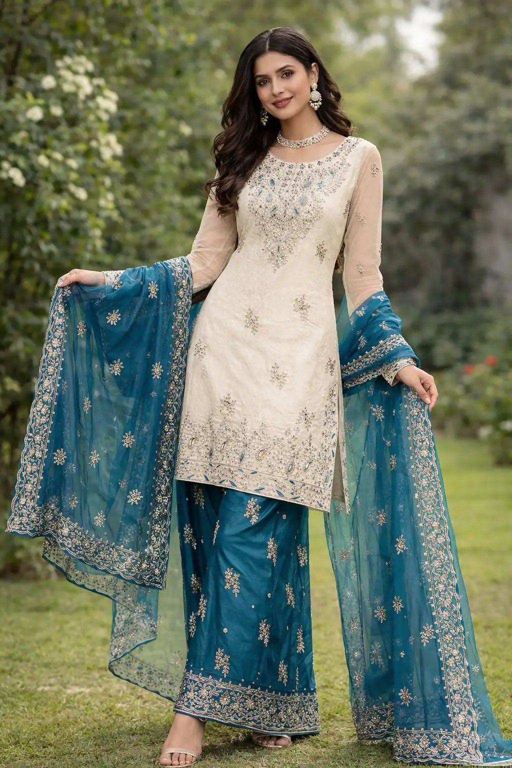 Teal Organza Silk Moti Work Salwar Suit
