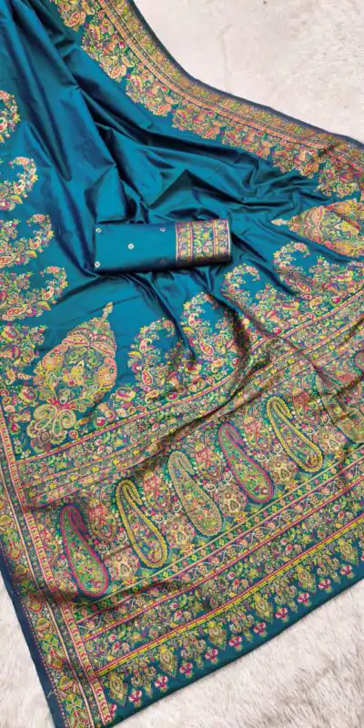Teal Pashmina Silk Woven Motifs Saree