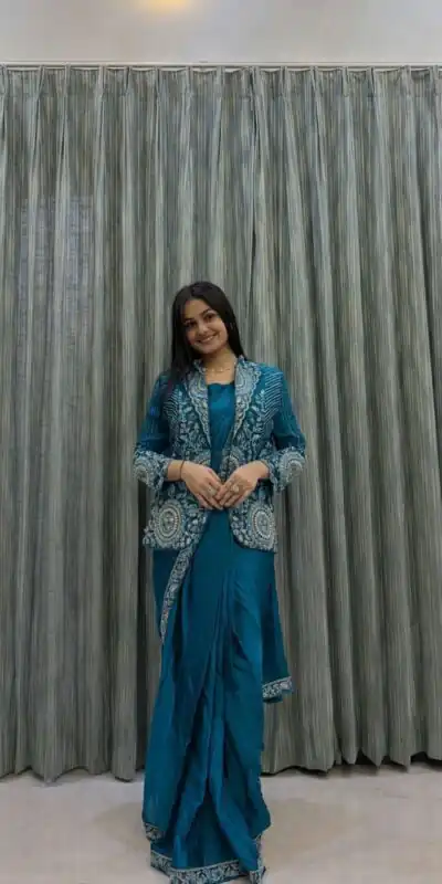 Teal Rangoli Silk Embroidery Work Saree