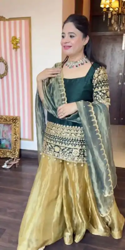 Teal Roman Silk Embroidery Work Salwar Suit