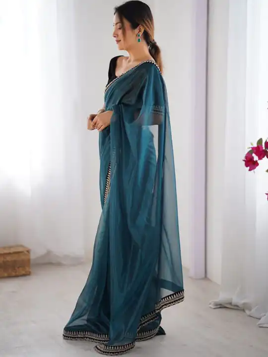 Teal Soft Twil Net Silk Embroidery Work Saree - Image 4