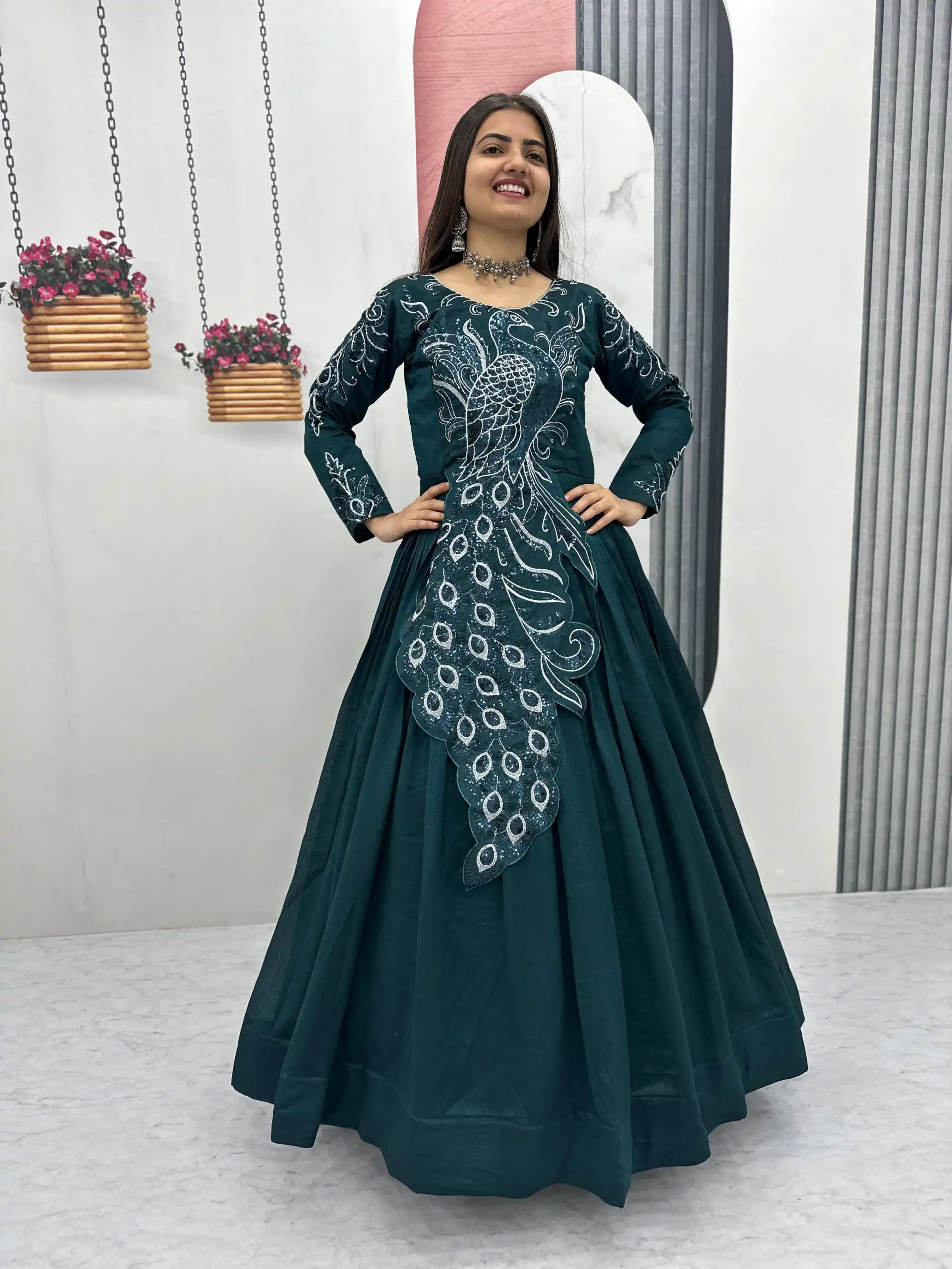 Teal Vichitra Silk Embroider Sequins Work Gown