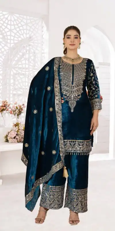 NF 1231 Teal Viscose Velvet Salwar Suit. Perfect for Wedding, Party, Traditional Day, Baisakhi, Eid – Available at ₹2399 only. Delivery 4-6 Workin | Jump Suits, Salwar suit, Casual Suits, Creative suits, Designer Suits, Palazzo Suits, Party Wear Suits, Patiala Suits, Straight Suits
