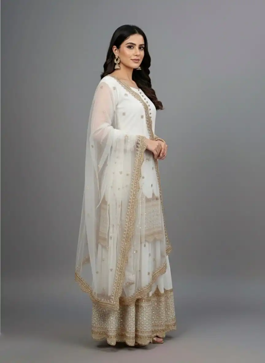 White Faux Georgette Embroider Salwar Suit - Image 3