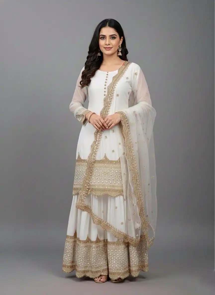 ZF 250 White Color Faux Georgette Embroidery Sequence Work Sharara Suit Wedding, Party, Festive, Events Etc. Expected Delivery 4-6 Working Days @2099/- | Jump Suits, Salwar suit, Casual Suits, Creative suits, Designer Suits, Palazzo Suits, Party Wear Suits, Patiala Suits, Straight Suits