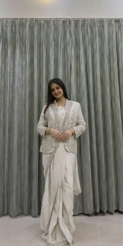 White Rangoli Silk Embroidery Work Saree