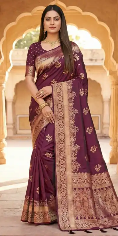 Wine Banarasi Zari Lace Work Saree