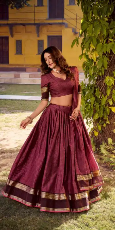 Wine Chettinad Cotton Chex Zari Work Lehenga Choli